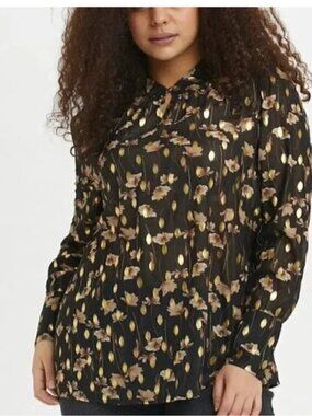 Kaffe Metallic Gold Blouse Black Floral Long Sleeve Size  40 Large